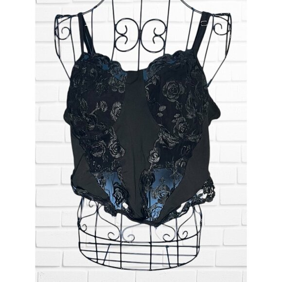 SHEIN Tops - Shein Curve Women's Size 0XL Corset Crop Tank Black Lace Mesh Overlay Rosette